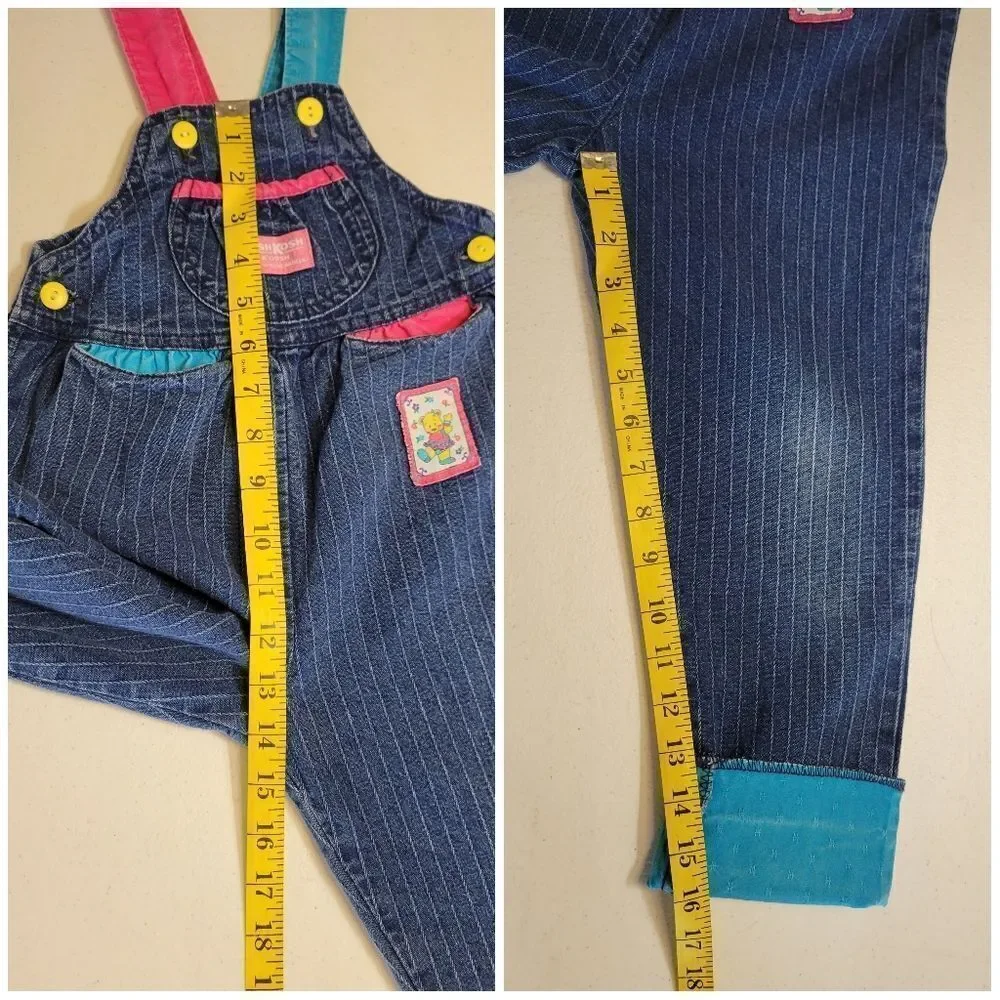 Oshkosh Vintage Overalls Pin Stripe Pink Blue Yellow Character Bear Patch